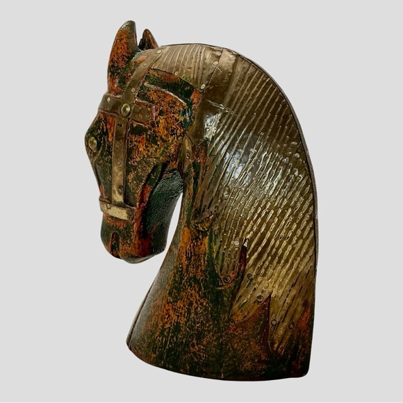 Horse Bust Profile Sculpture Bookend Brass Halter And Mane Over Painted Wood VTG - Picture 11 of 16
